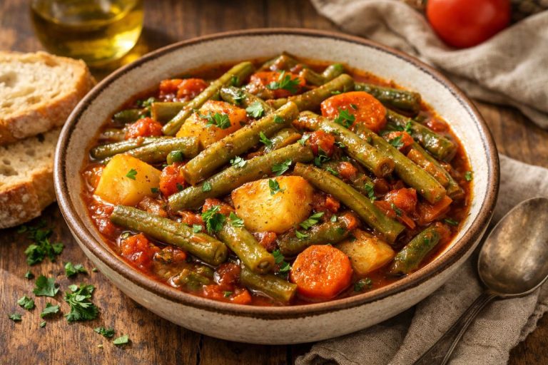 Fasolakia with green beans and potatoes in tomato sauce garnished with parsley served in a rustic bowl with crusty bread
