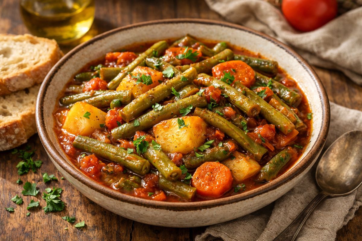 Fasolakia with green beans and potatoes in tomato sauce garnished with parsley served in a rustic bowl with crusty bread