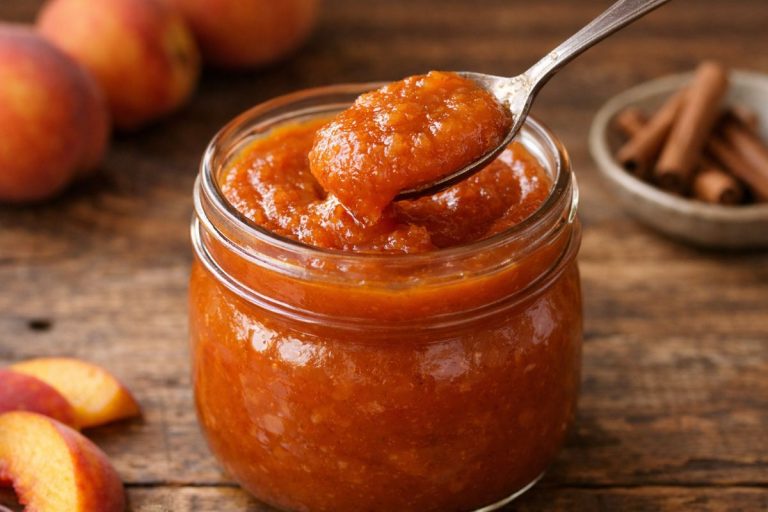 Homemade peach butter in a glass jar with a spoon showing thick smooth texture on a rustic wooden surface