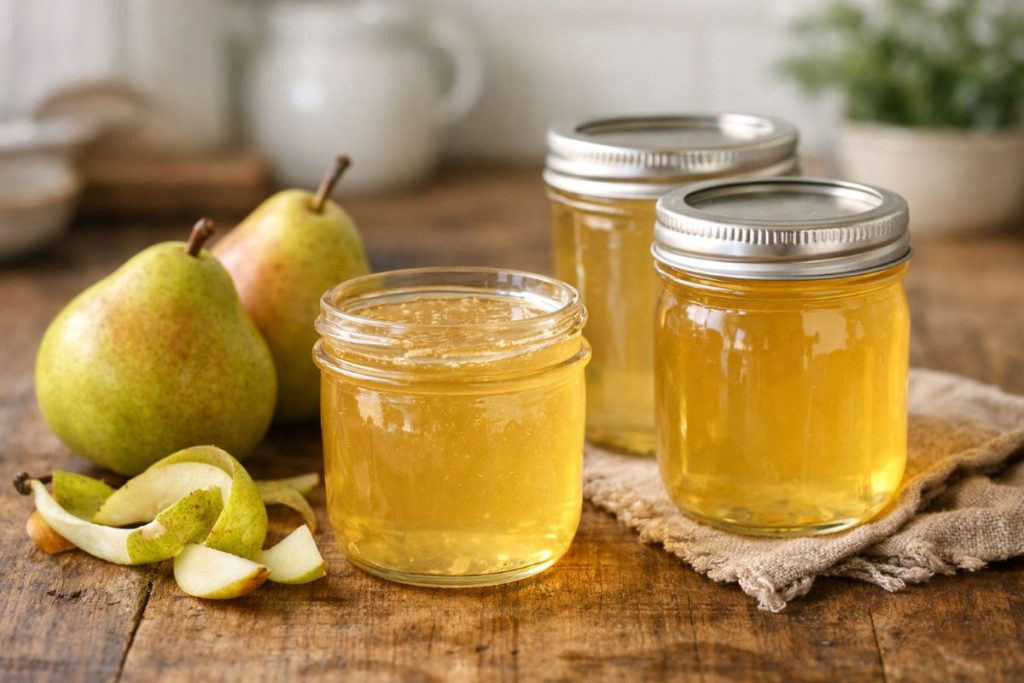 Clear glass jars filled with golden pear jelly made from pear scraps, placed on a rustic wooden surface with fresh pears in the background