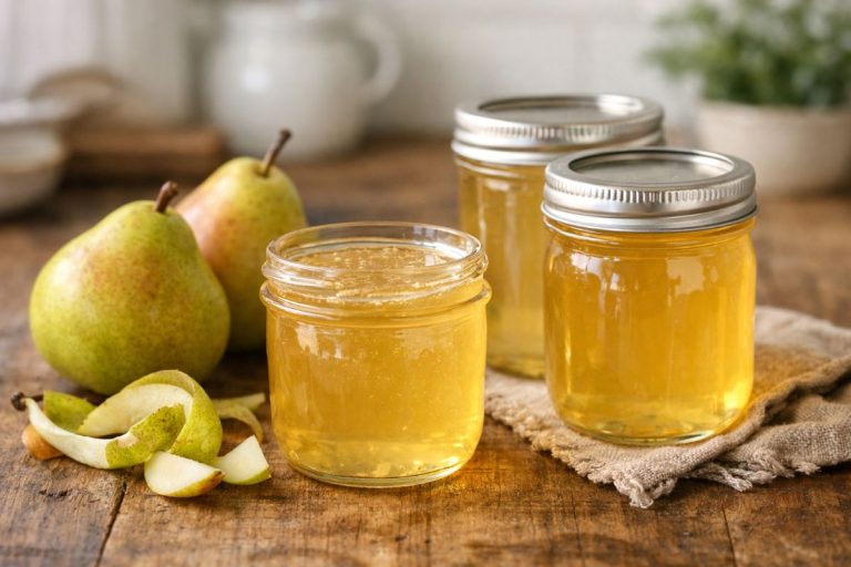 Clear glass jars filled with golden pear jelly made from pear scraps, placed on a rustic wooden surface with fresh pears in the background