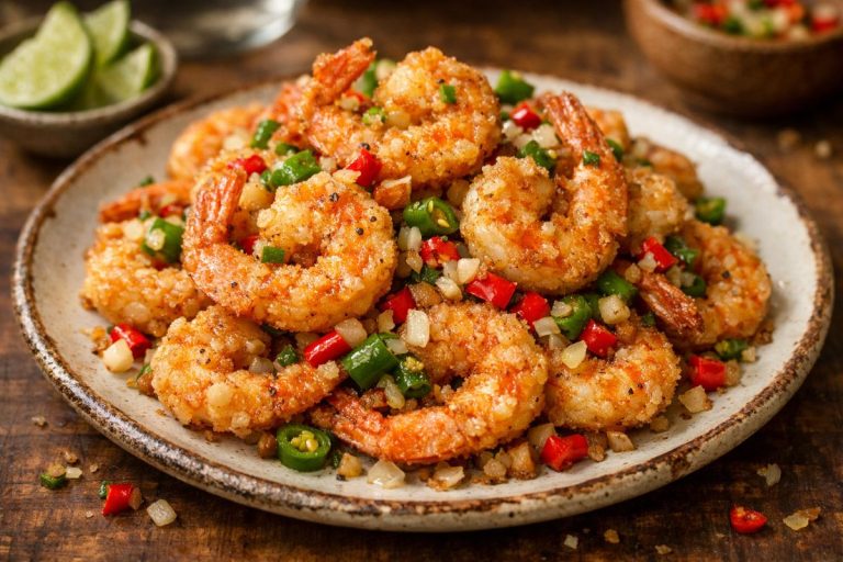 Golden crispy salt and pepper shrimp tossed with garlic, chilies, and onions on a rustic plate