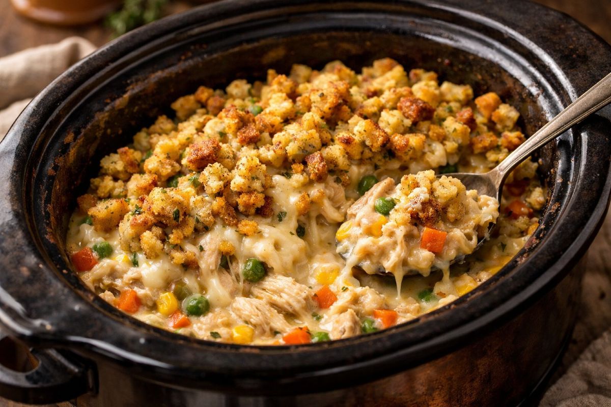 Slow cooker chicken and stuffing casserole with shredded chicken, vegetables, creamy sauce, melted cheese, and golden stuffing topping in a crockpot