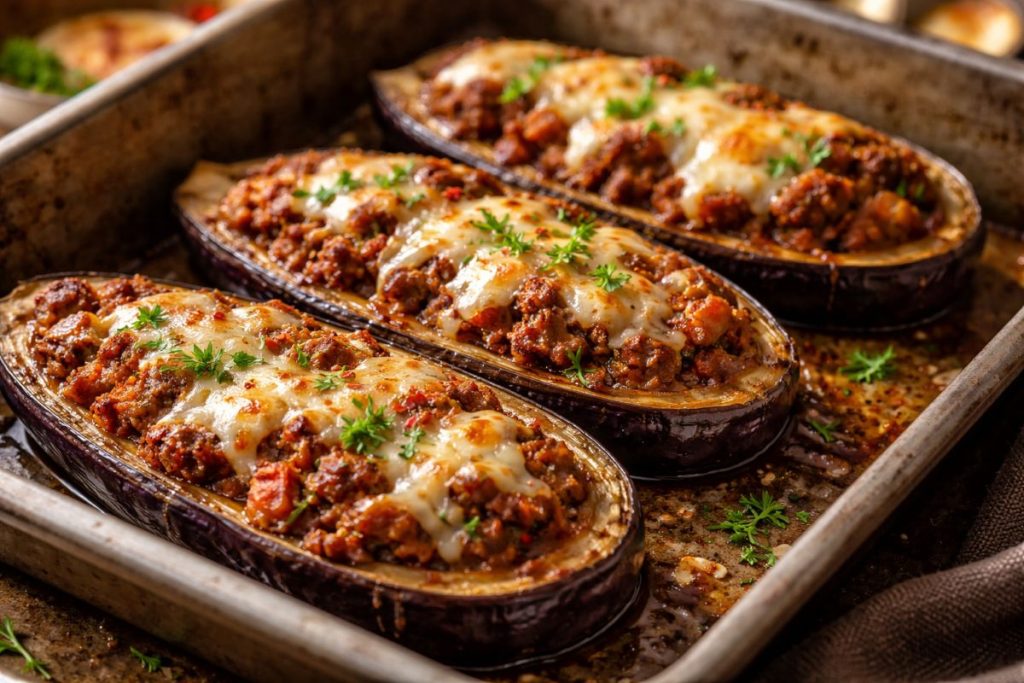 Roasted stuffed eggplant filled with seasoned beef and tomatoes, topped with melted golden mozzarella cheese in a rustic baking dish